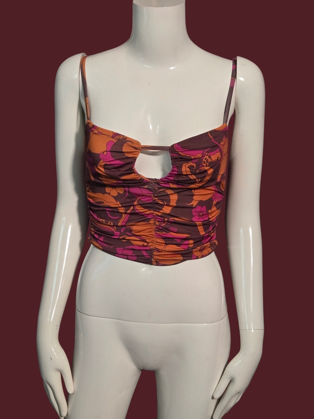Urban Outfitters Orange and Pink Floral Ruched Cutout Crop Top